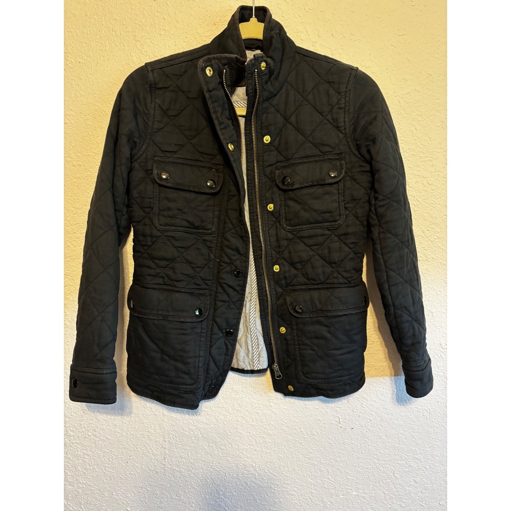 J.Crew Women Black Quilted Barn Jacket P XXS Full Zip Snap Utility Utility Coat
